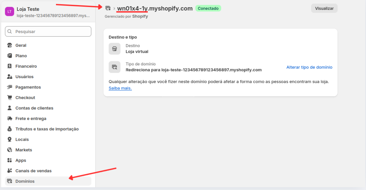 Tela de domínios da Shopify